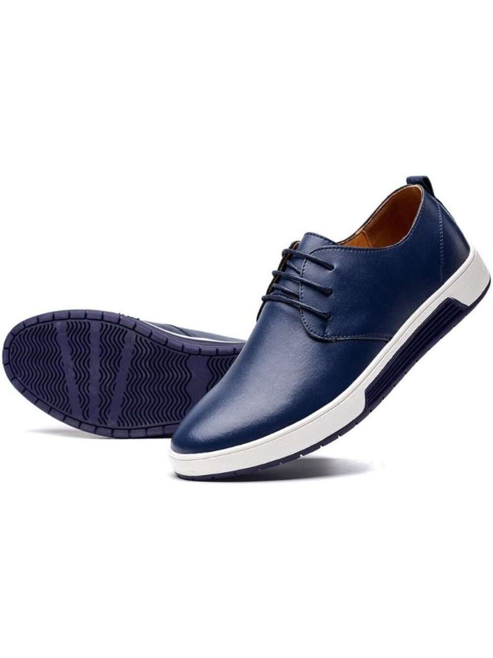 konhill Men's Pt Navy PU Leather Lightweight Breathable Lace Up Flat Sneakers